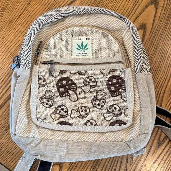 Mini Hemp Mushroom Backpack - 10" Handmade Cotton and Hemp Boho Bag from Nepal - Picture 9 of 11